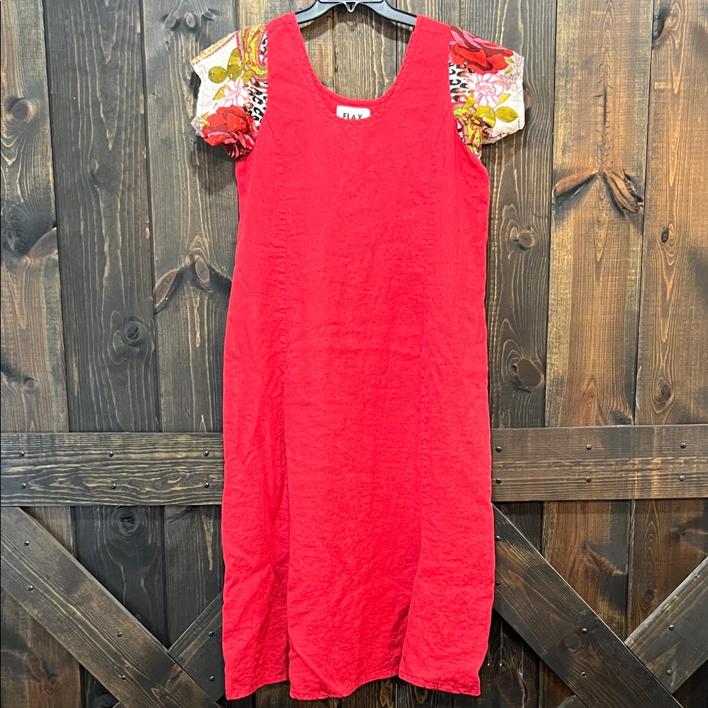 FLAX Linen‎ Midi Dress Size M Red Artsy Lagenlook Minimalist Floral Boho